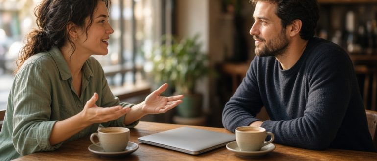 Два человека за столом спокойно объясняют тему простыми словами